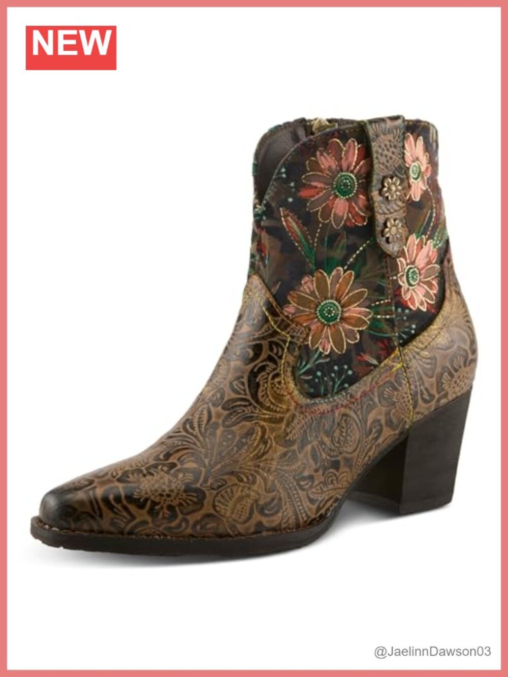 Western Floral Embroidered Leather Bootie Mid-Calf Zip Faux Fur Lined